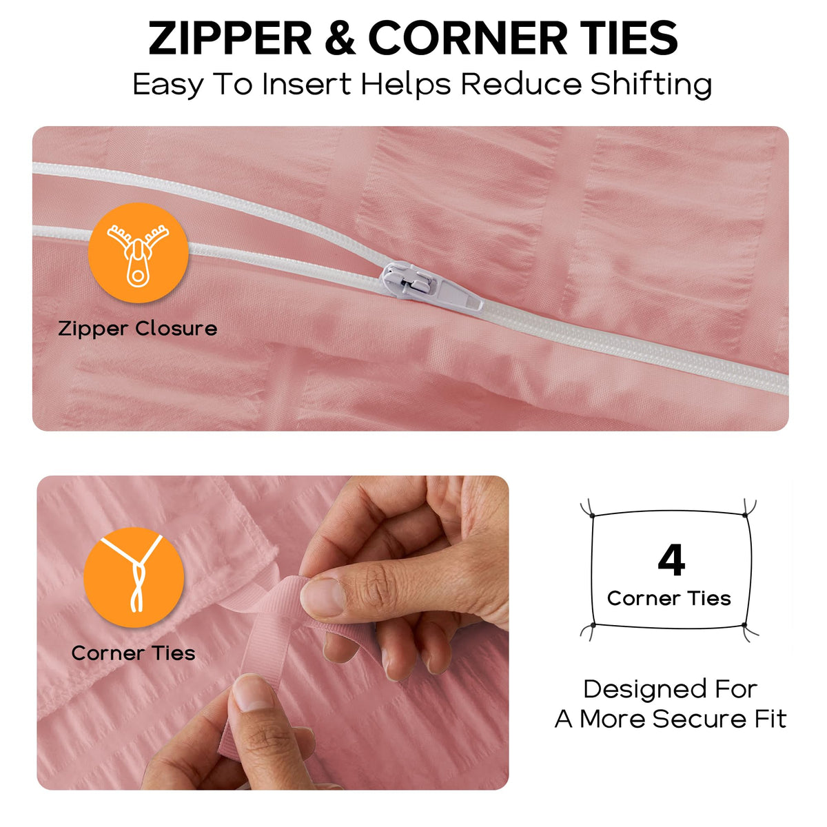 Duvet Cover, 3 Pieces Seersucker Duvet Cover Set, Pink