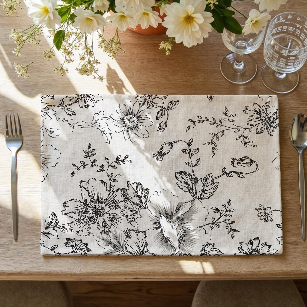 Alice Linen Floral Placemats Set of 4 Farmhouse 13x19 Inch Black