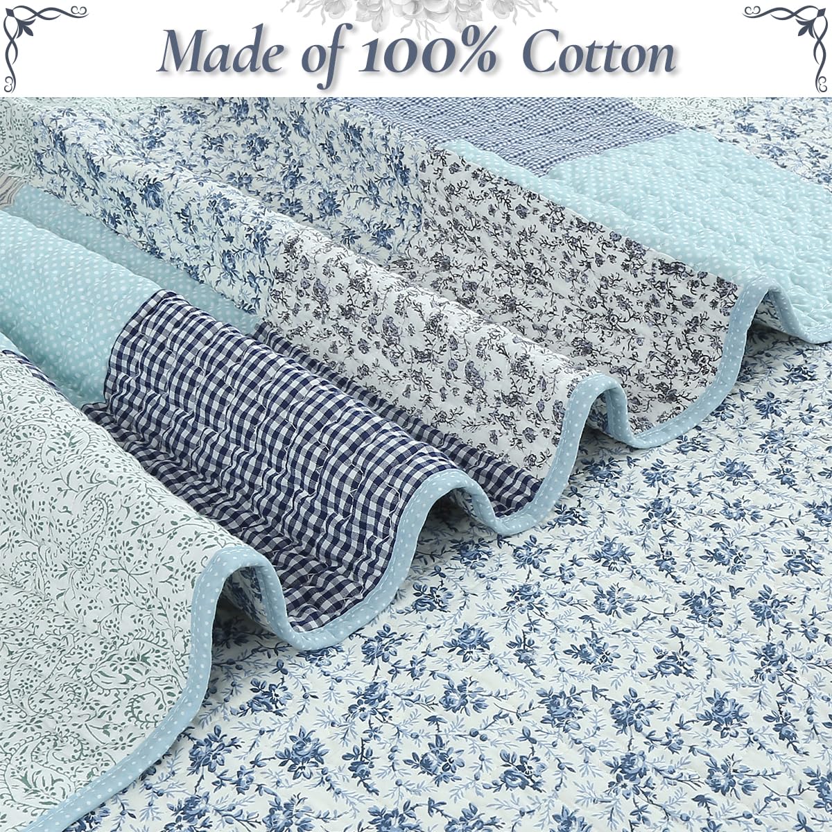 Blue Checker Cottage Quilt Bedding Set - 3‐Piece 100% Cotton Reversible Patchwork Quilt with Shams, Country Farmhouse