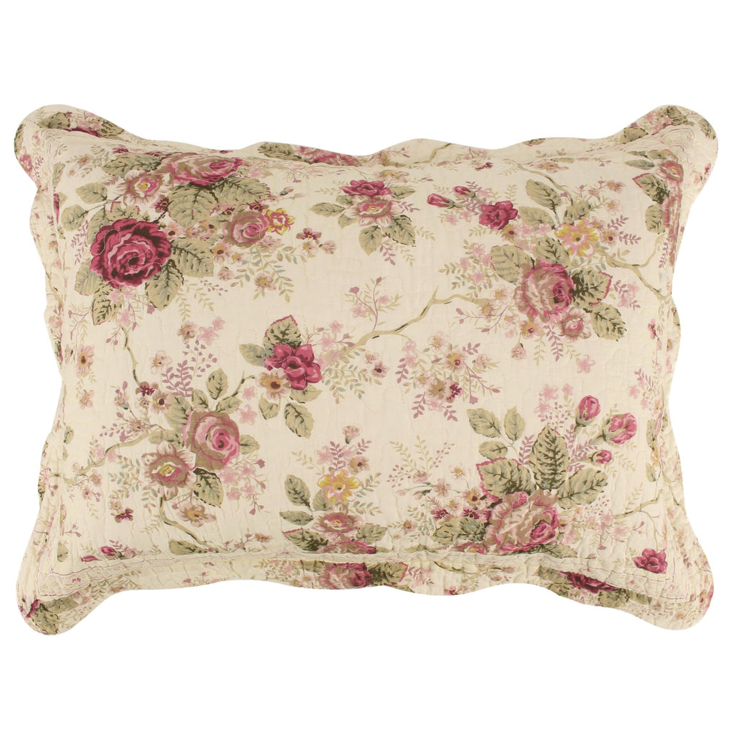 Home Antique Rose 100% Cotton Quilted Pillow Sham, 20x36-Inch, Ecru