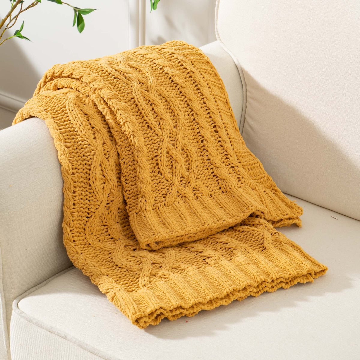 Mustard Yellow Throw Blanket 51"x67" Chenille Knitted Throw Blanket for Couch, Gold Throw Blankets Decor, Summer Fall
