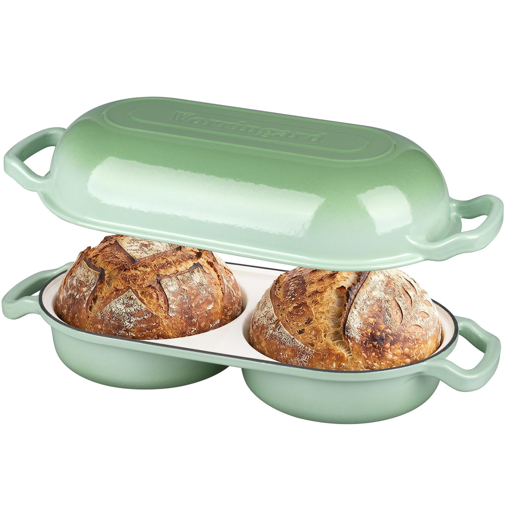 Enameled Cast Iron Double Dutch Oven with Lid, Dual Round Loaf Pan, Bread pan made Sourdough Bread Baking, Green
