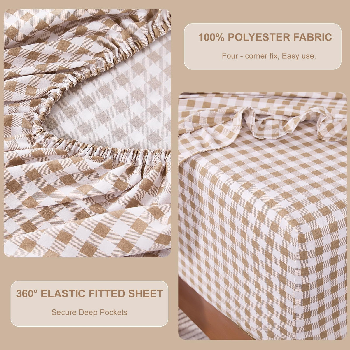 Gingham Sheet Set, Lightweight Super Soft Brushed Microfiber Plaid Bed Sheets with 16" Deep Pocket, 4 Piece
