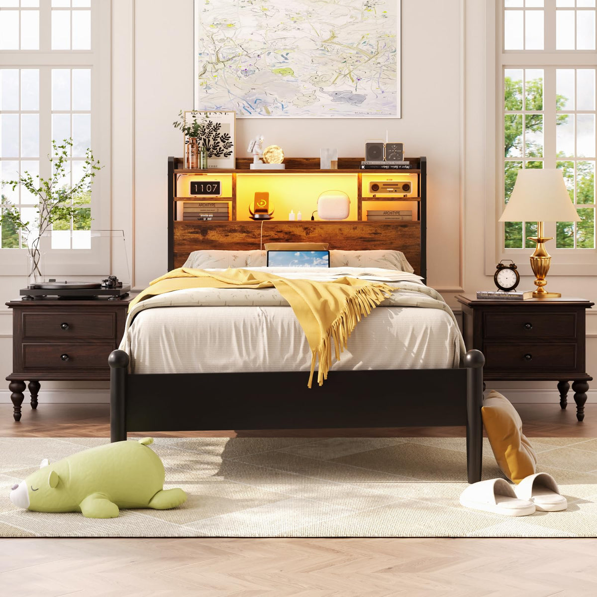 Headboard for Bed with Storage and Outlets, Rustic Brown