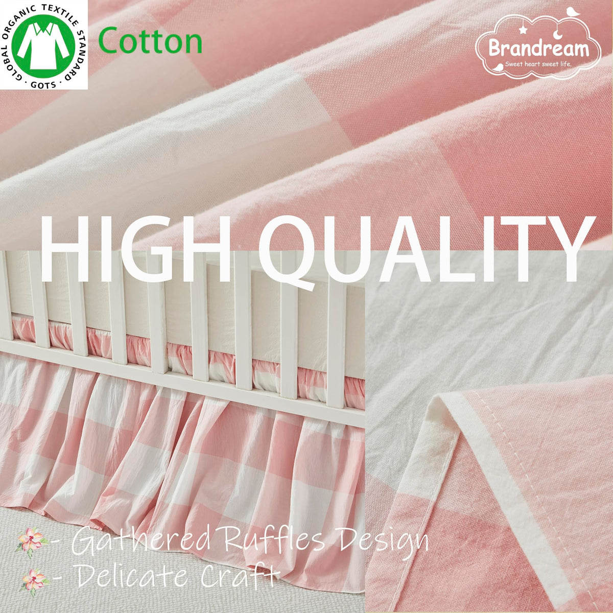 Gingham Gathered Crib Skirt, Baby Boy, Baby Girl, Gender Neutral Crib Skirt, 100% Cotton, 4-Sided, Light Pink Plaid