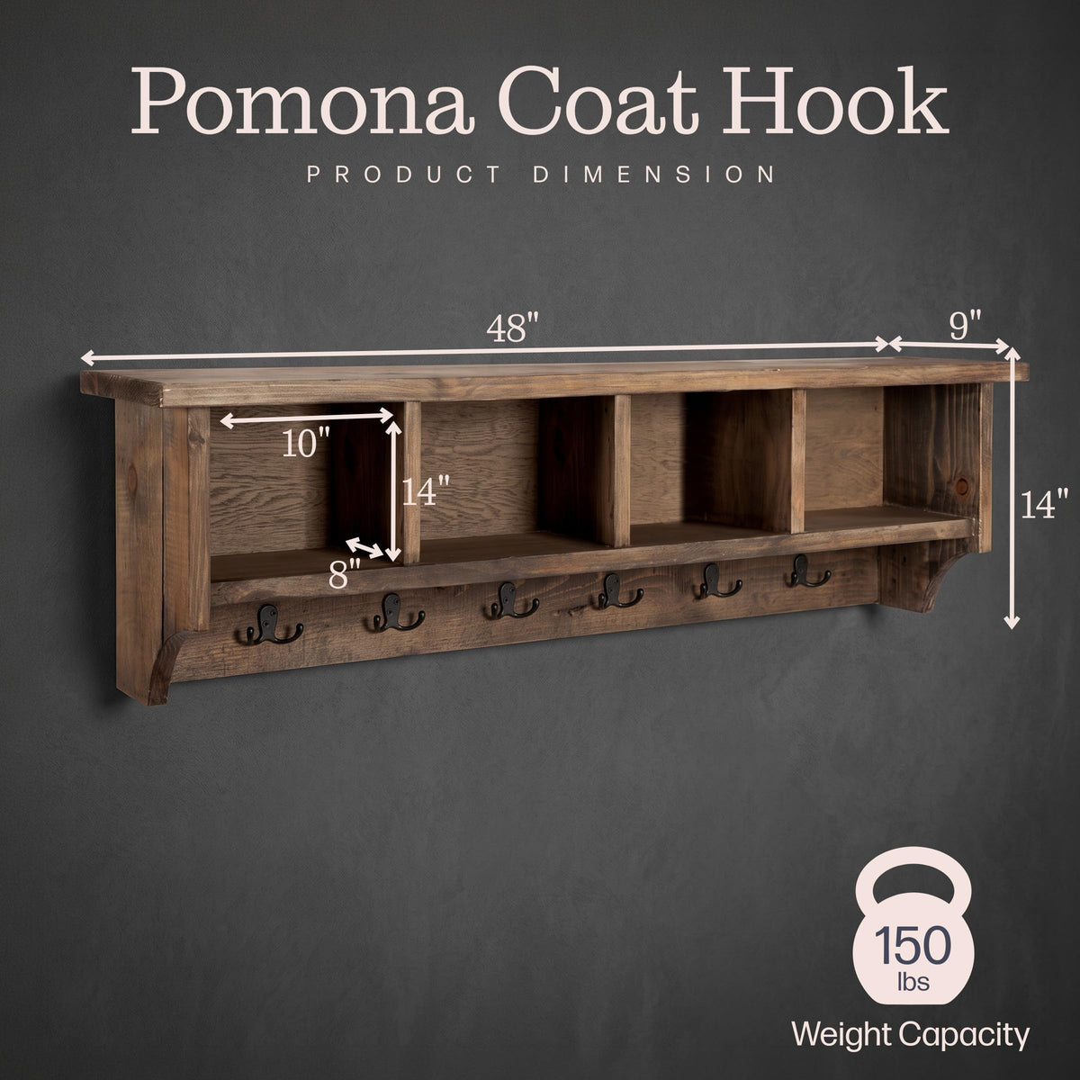 Pomona Solid Wood Entryway Coat Rack with Cubbies, Rustic Brown, 48"