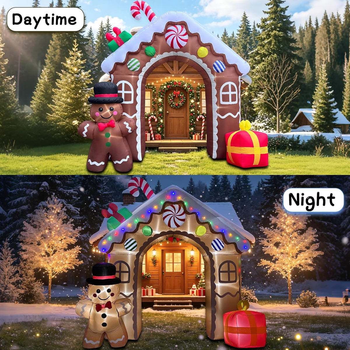 11FT Christmas Inflatable Gingerbread House Archway, Blow Up Cookie House with Candy Cane, Cute Bow Tie Gingerbread
