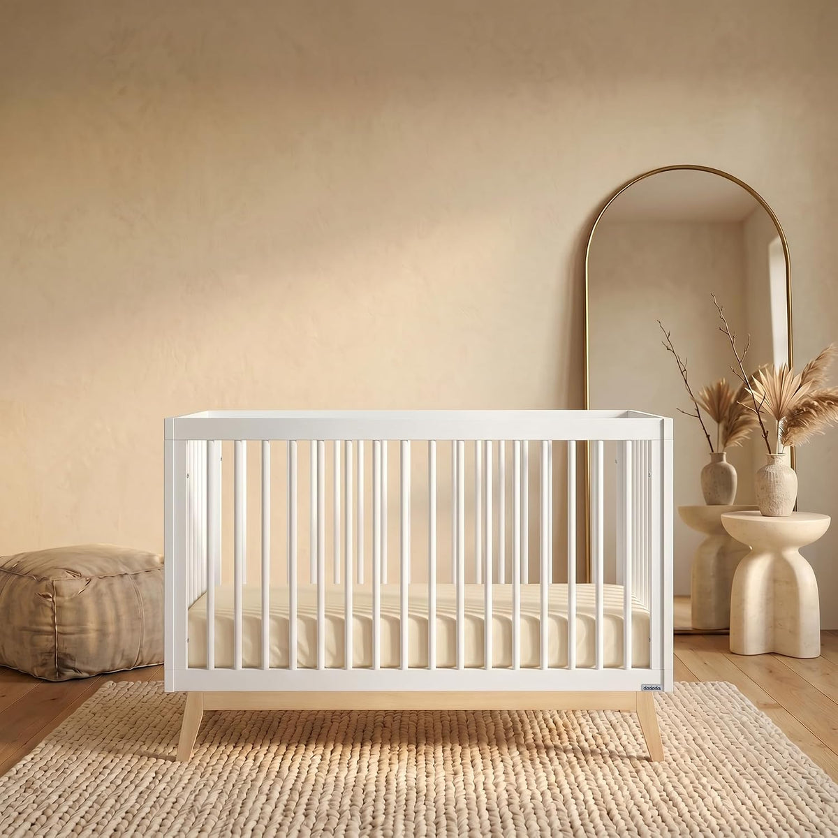 Baby Soho 3-in-1 Convertible Wood Crib, Made in Italy, White/Natural | Crib to Toddler Bed, GREENGUARD Gold