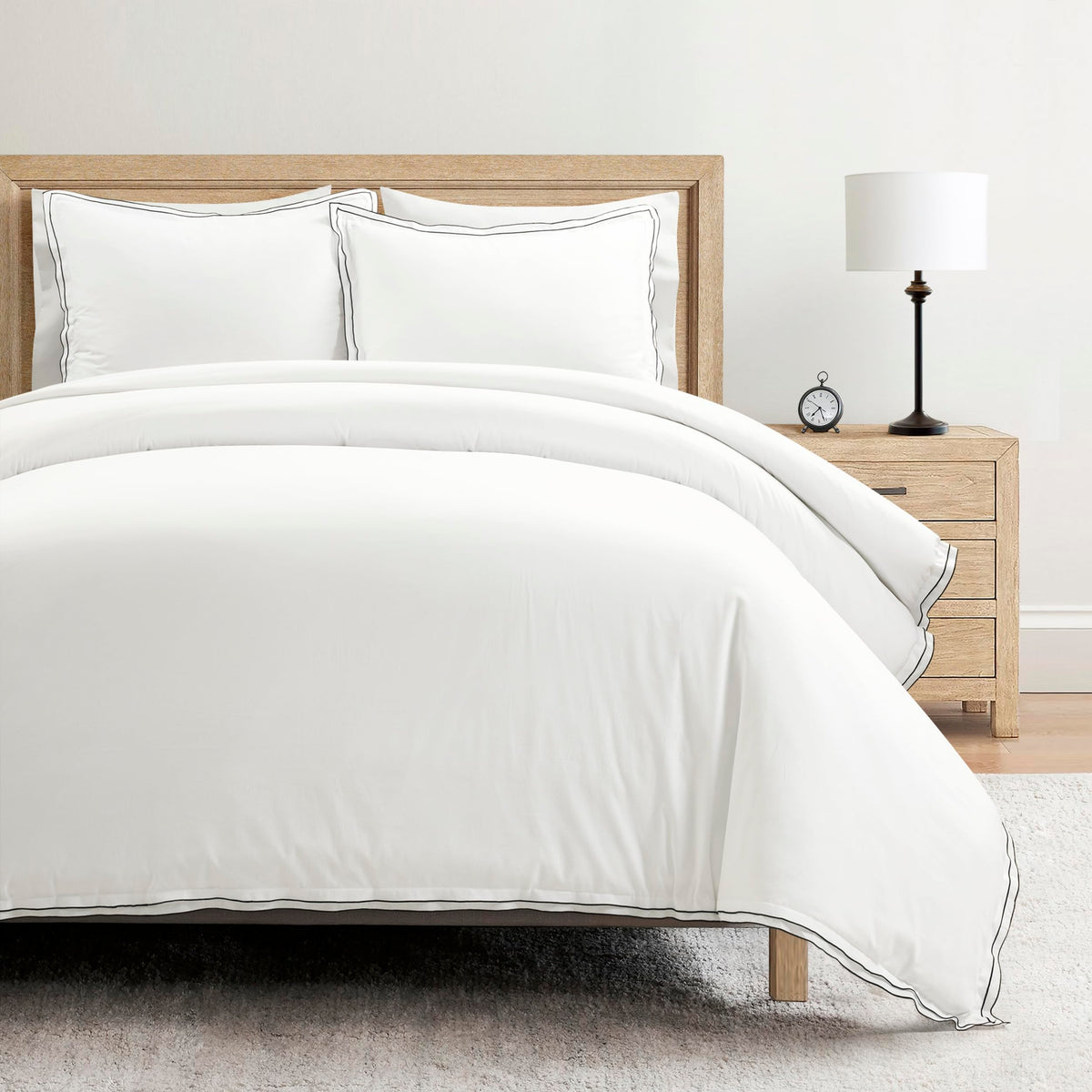Hampton Double Flange Embroidered Contrast Edge Cotton Duvet Cover Set, 3 Piece Set, White & Black