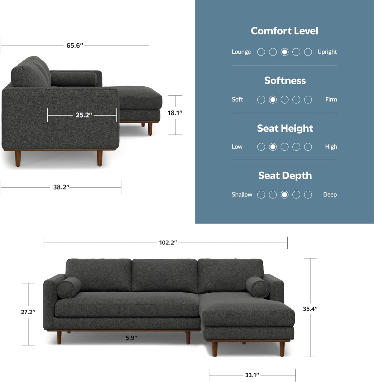 Morrison Right Sectional Sofa in Woven-Blend Recycled Polyester Fabric, Charcoal Grey, 102-inches Wide, L-Shaped
