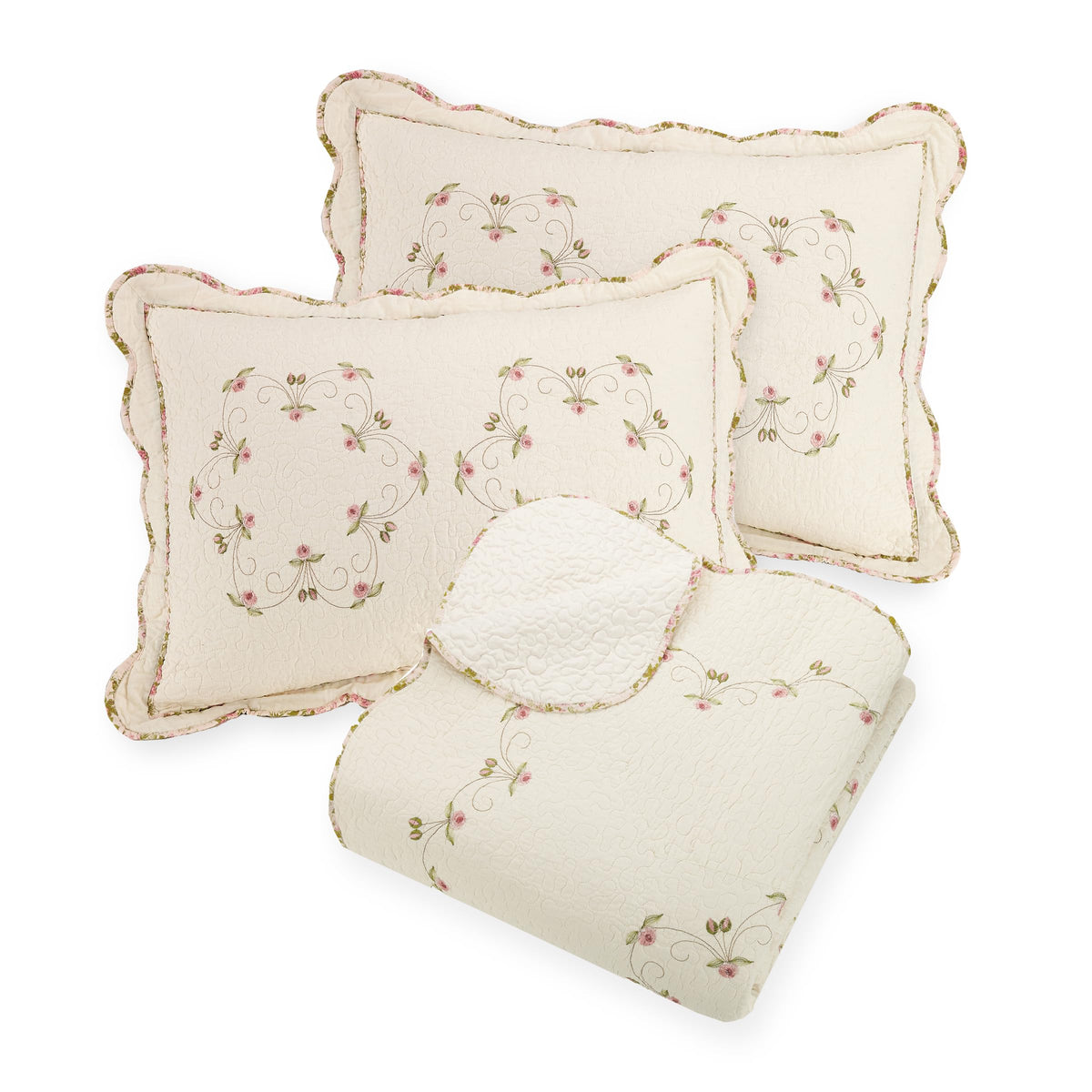 Felisa Embroidered Floral Quilt Set - 3 Piece Cotton Vintage Pink Ivory Scalloped Coverlet with 2