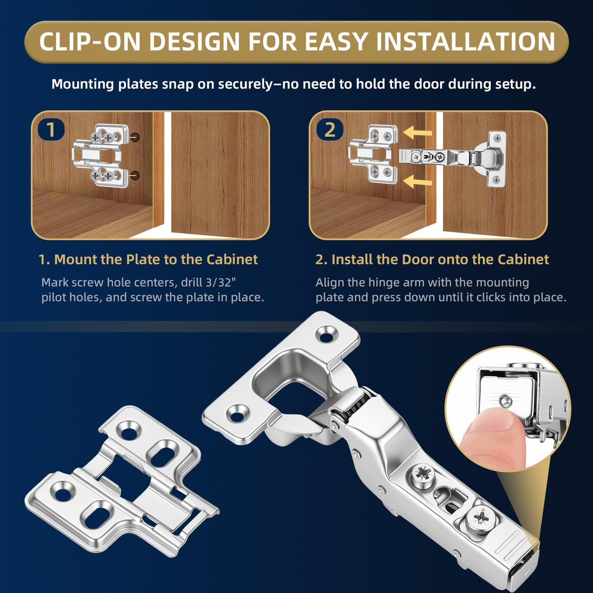 20 Pack Inset Frameless Soft Close Hidden Cabinet Hinges, 105 Degree 3D Adjustable Clip On Plate Concealed Kitchen