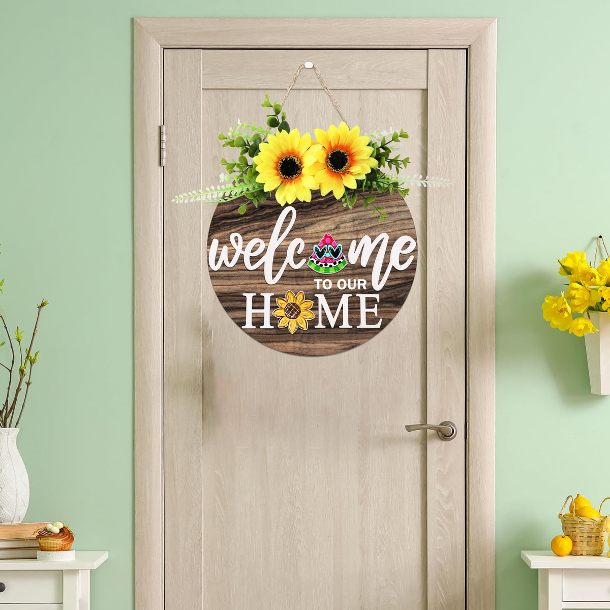 Interchangeable Welcome Sign for Front Door with 4 Seasonal Wreaths 21 Changeable Icons, Farmhouse Rustic Outdoor