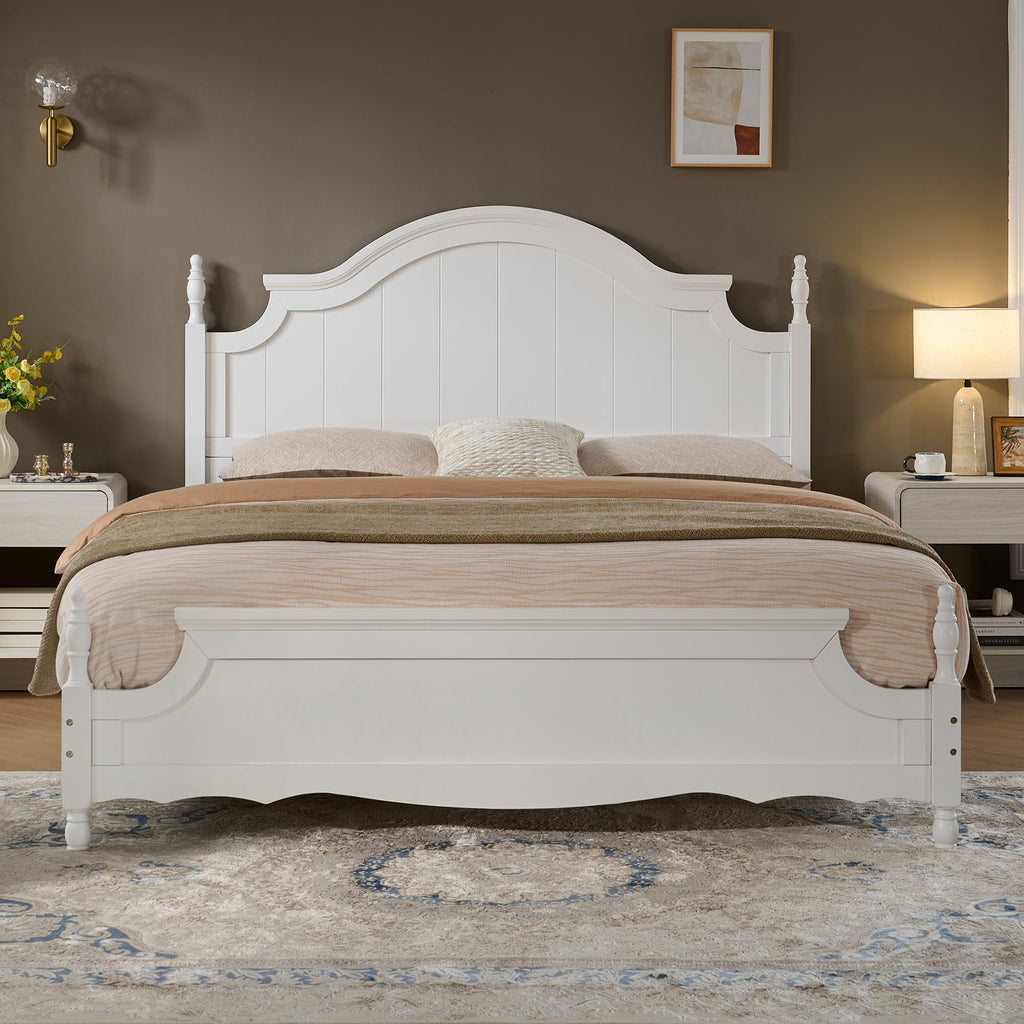 Solid Wood Poster Bed, 55" Arched Headboard, White