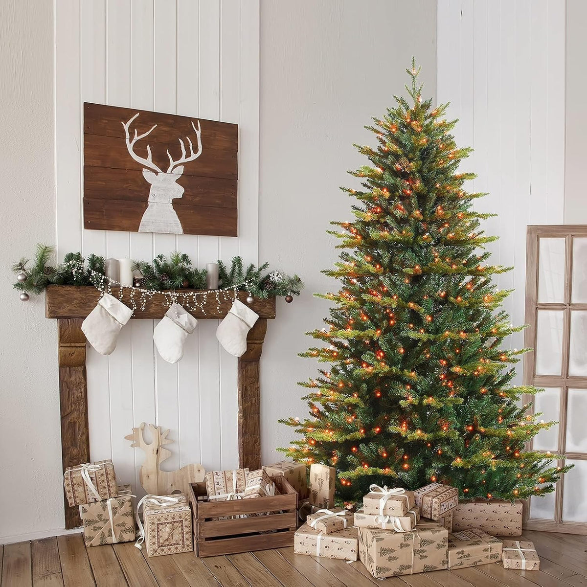 Pre-lit Artificial Christmas Tree, 5 to 8 ft, Hinged with LED Lights & Metal Stand