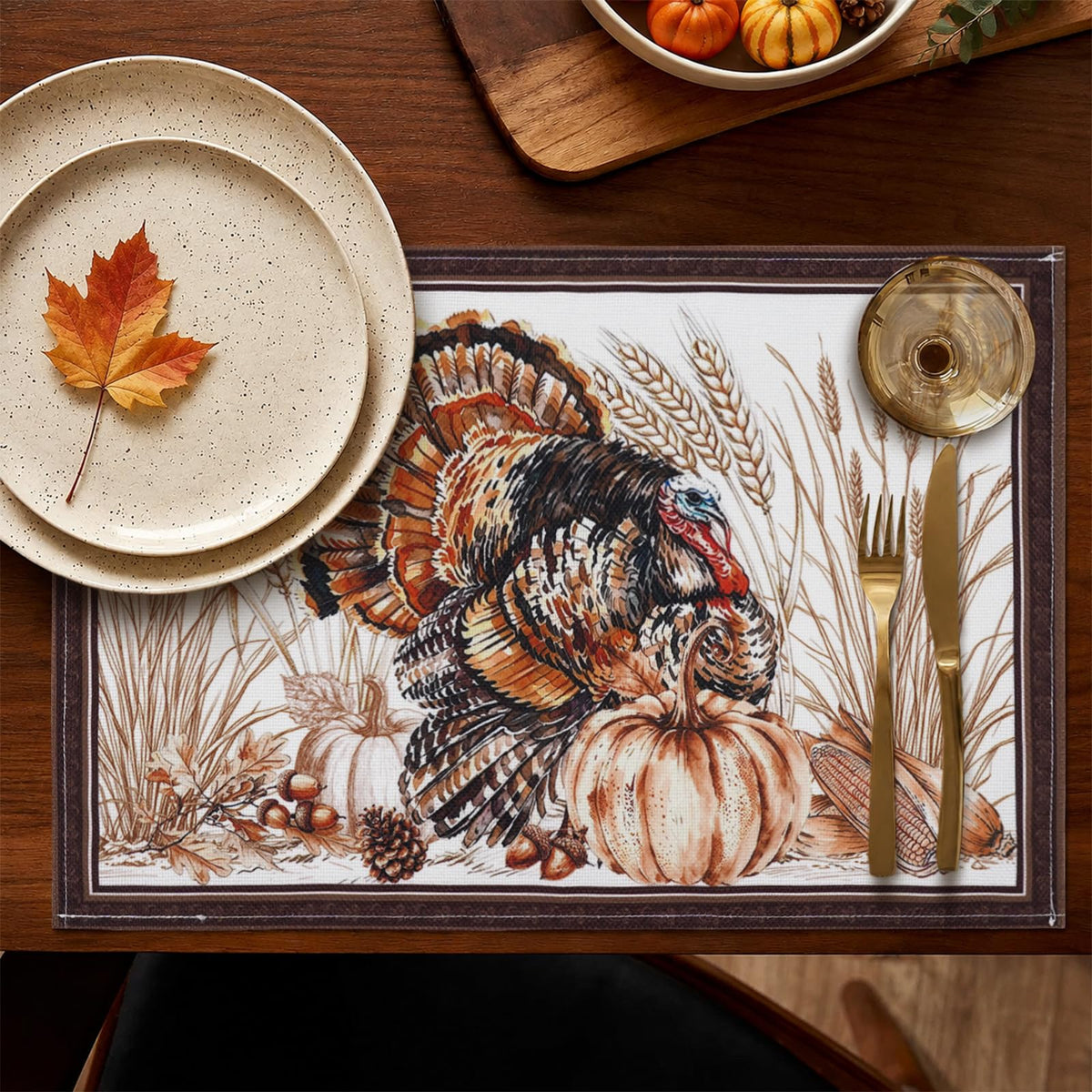 Thanksgiving Placemats 12 x 18 Inch Set of 6, Fall Autumn Harves Turkey Pumpkin Place Mats for Dining Table