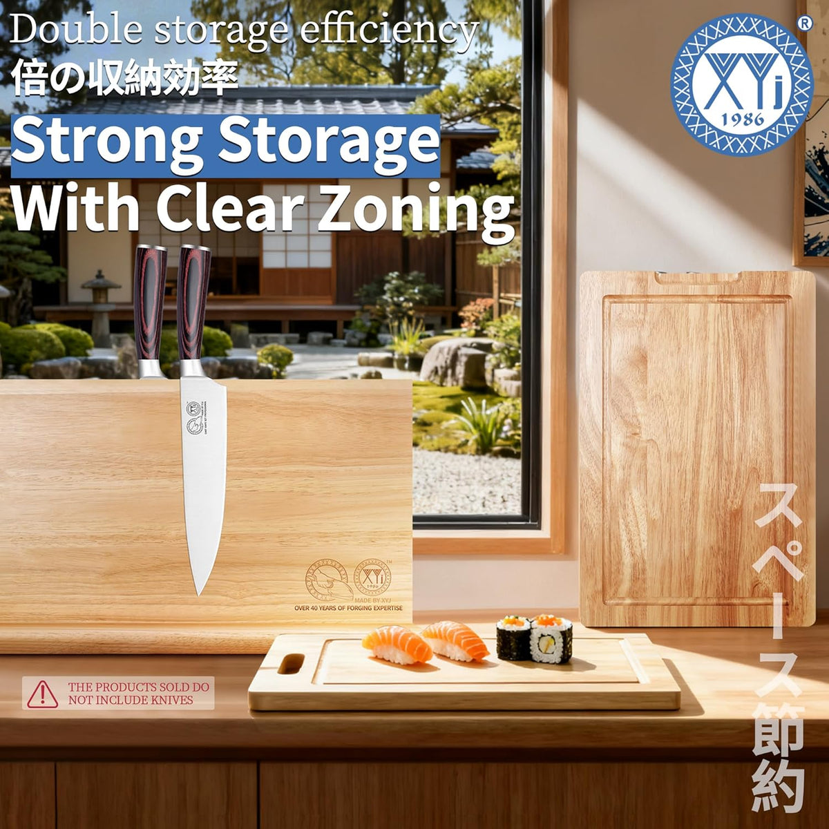 Authentic Since 1986, Magnetic Knife Block with Cutting Boards | Natural Wood, Countertop Knife Organizer