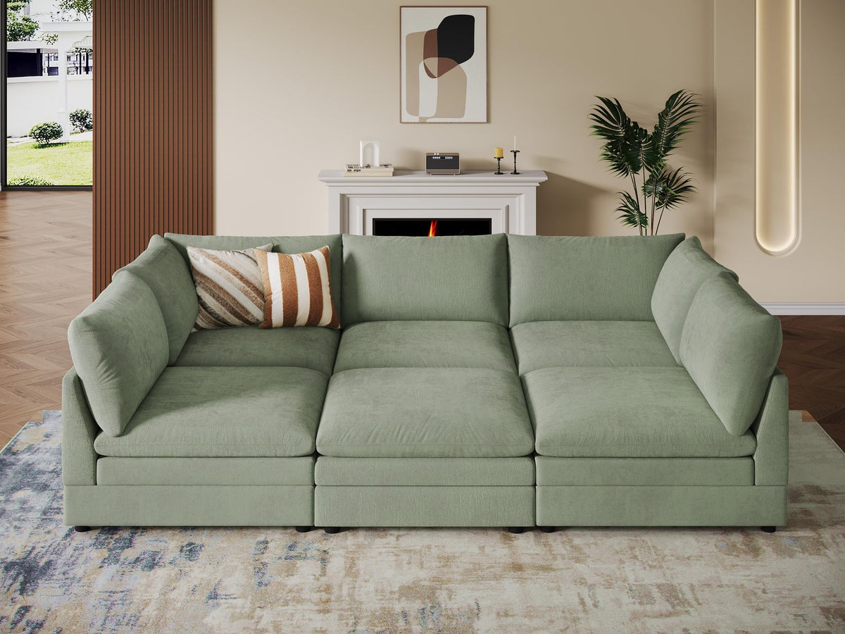 98" Large Cloud Modular Sectional Sofa with Ottoman, Sage Chenille