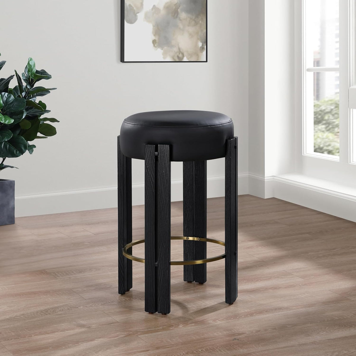 816Black-C Harrison Collection Modern | Contemporary Counter Stool with Soft Black Vegan Leather, Rich Black Finish
