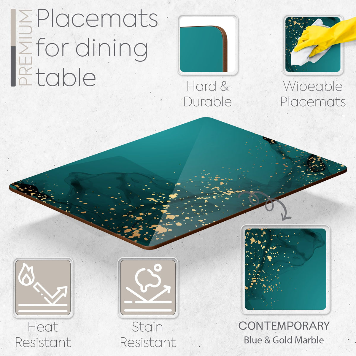 Set of 4 Heat Resistant Cork Placemats for Dining Table with Free Set of 4 Matching Drink Coasters Deep Green and