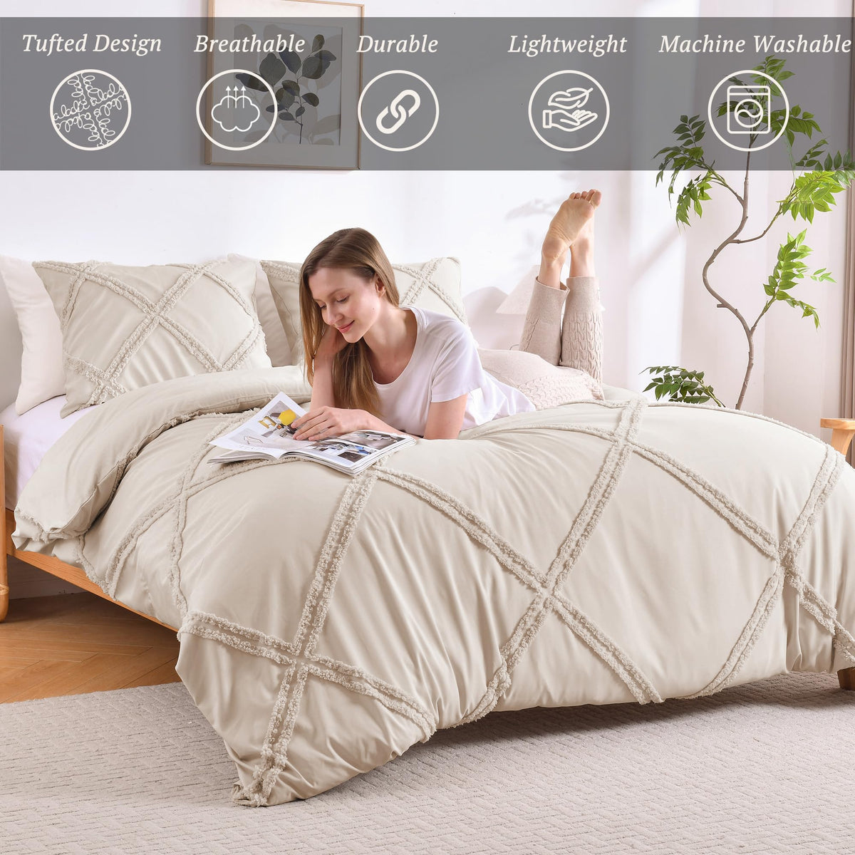 Boho Duvet Cover Beige - Tufted Comforter Cover Set Geometric Textured Jacquard Queen Size Bedding Set with Corner