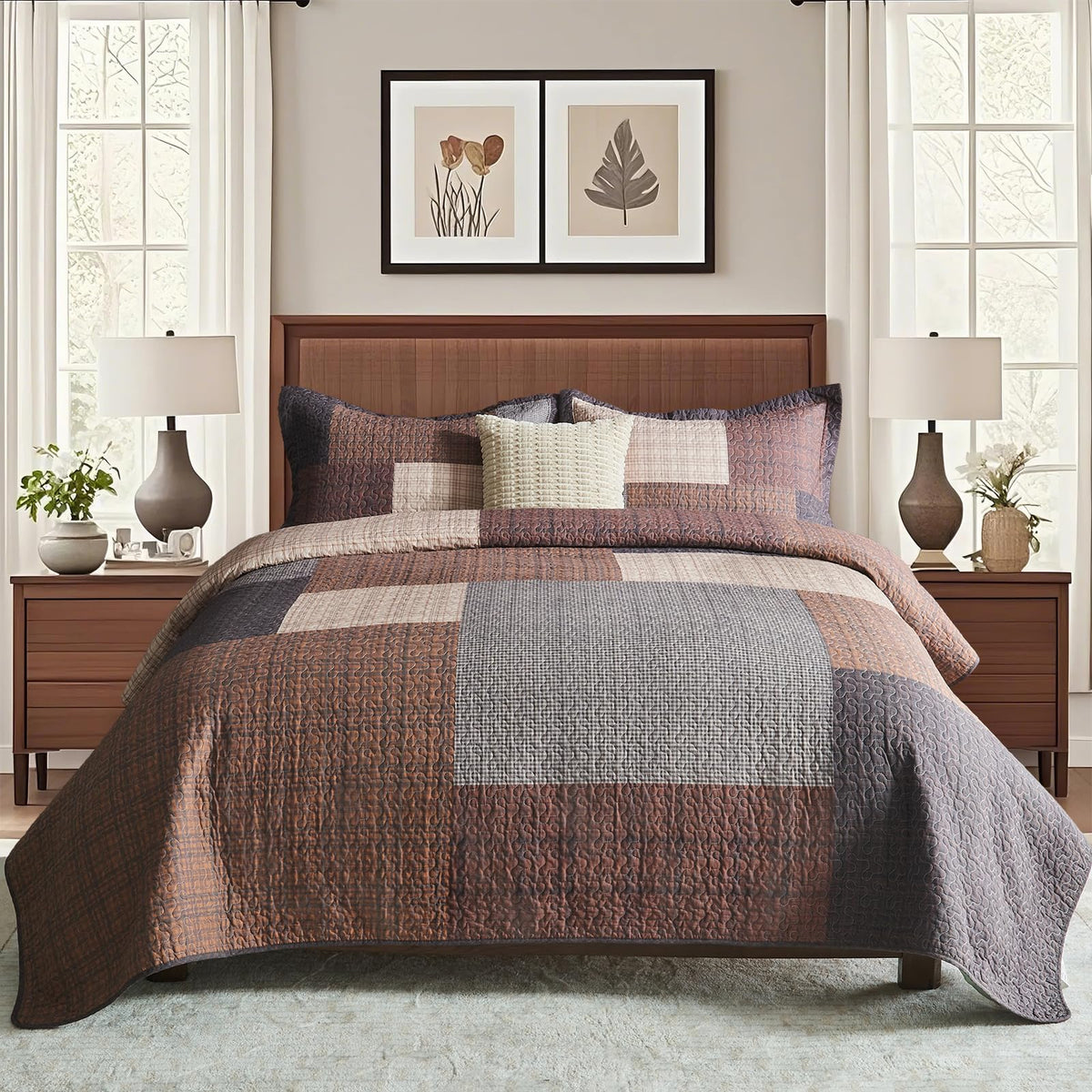 100% Cotton Quilt Set, Farmhouse Plaid Quilted Bedspread, Brown Lightweight Reversible Comforter Bedding