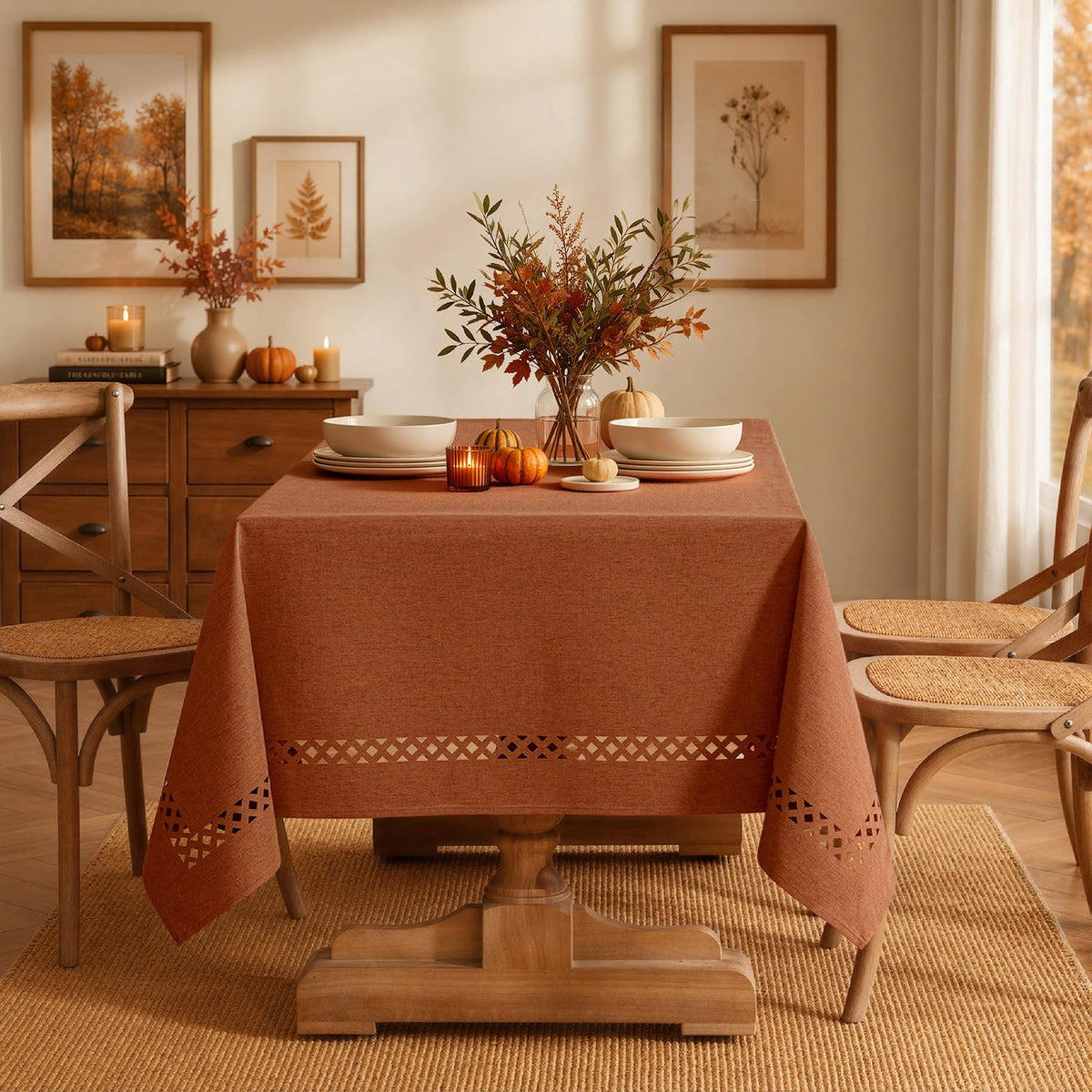 Rust Fall Rectangle Tablecloth with Decorative Cutouts 60x84 Inch