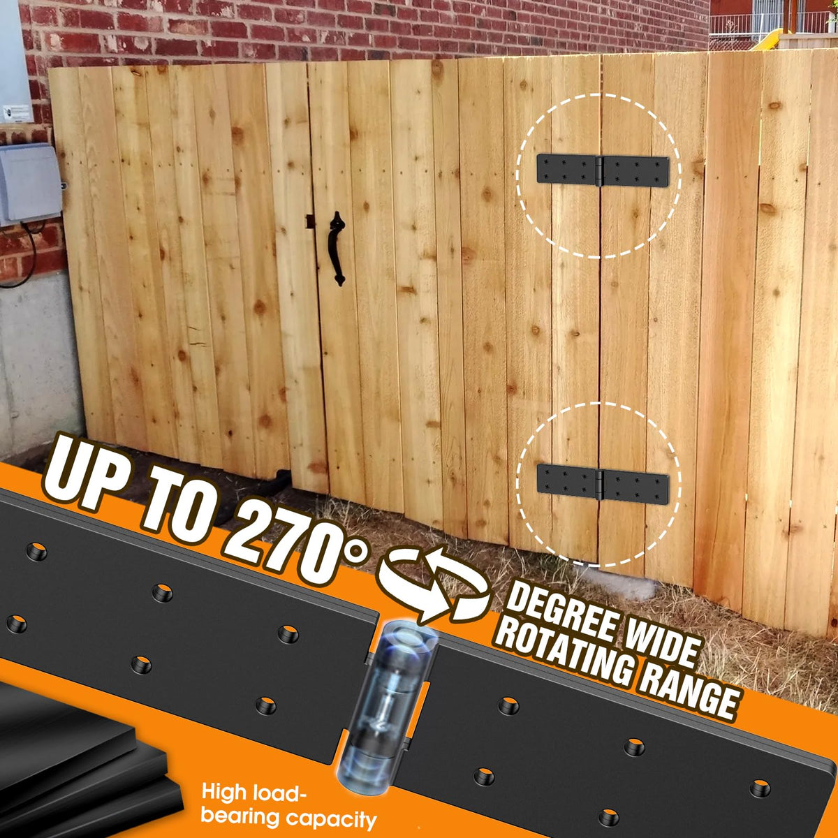 Heavy Duty Gate Hinges 270° Adjustable, 2-Pack for Wood Fence Barn Door
