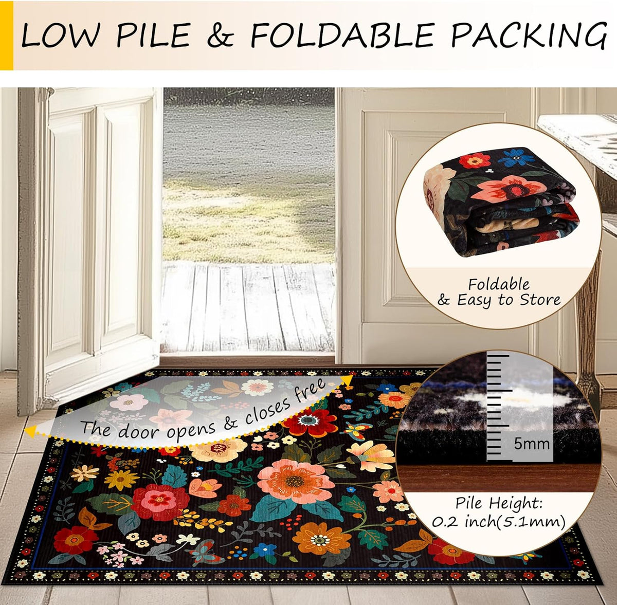 Floral Washable Area Rugs Black
