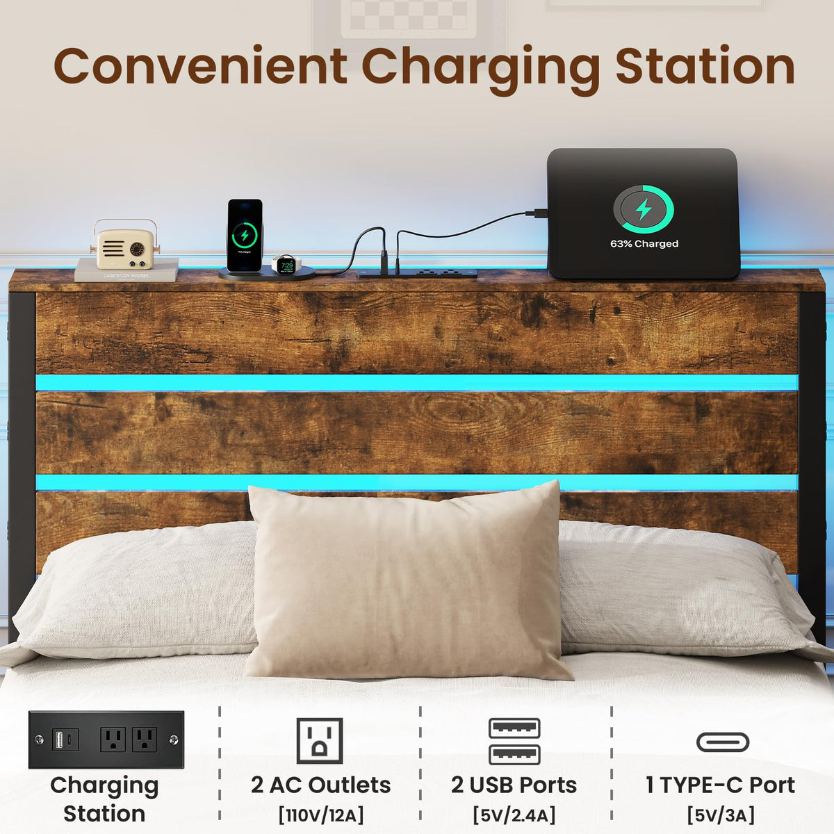 Bed Frame with Charging Station & LED Lights, Vintage Brown