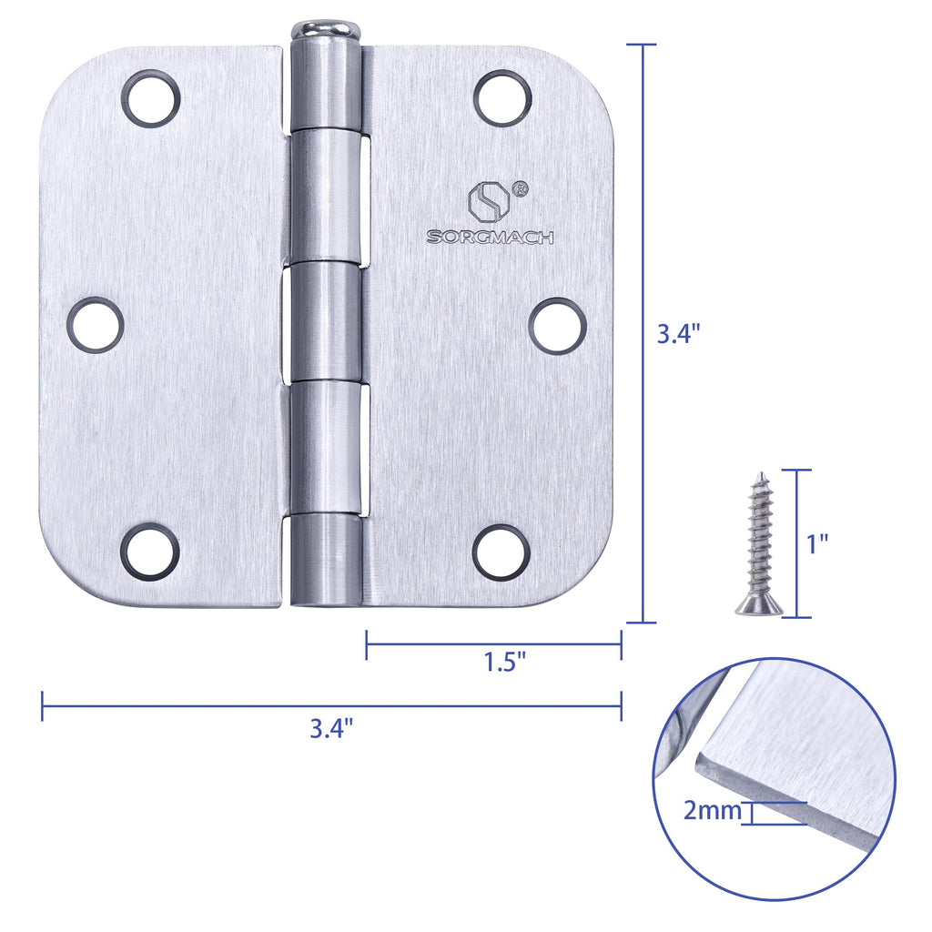 Door Hinge 3 1/2 Inch Interior Door Hinges Satin Chrome 3.5 Inch Interior Hinges 5/8" Radius Flat Iron Hinge 3 1⁄2"x