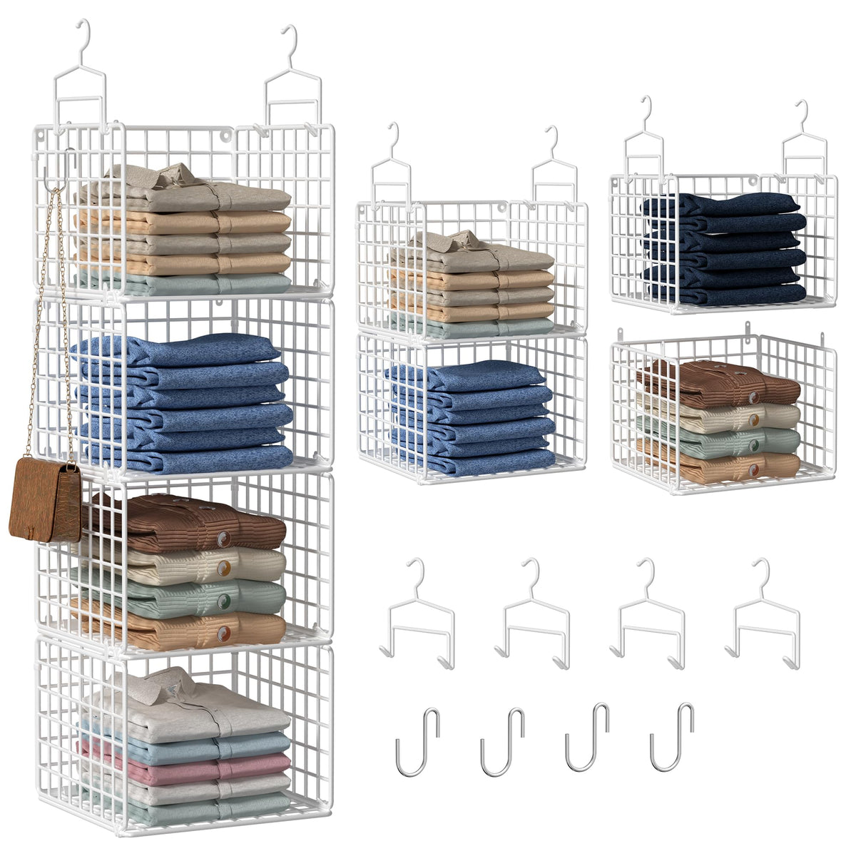 Hanging Closet Organizer, 4 Tier Metal Closet Organizers and Storage with 4 Hanging Hooks 4 S-Hooks for Wardrobe