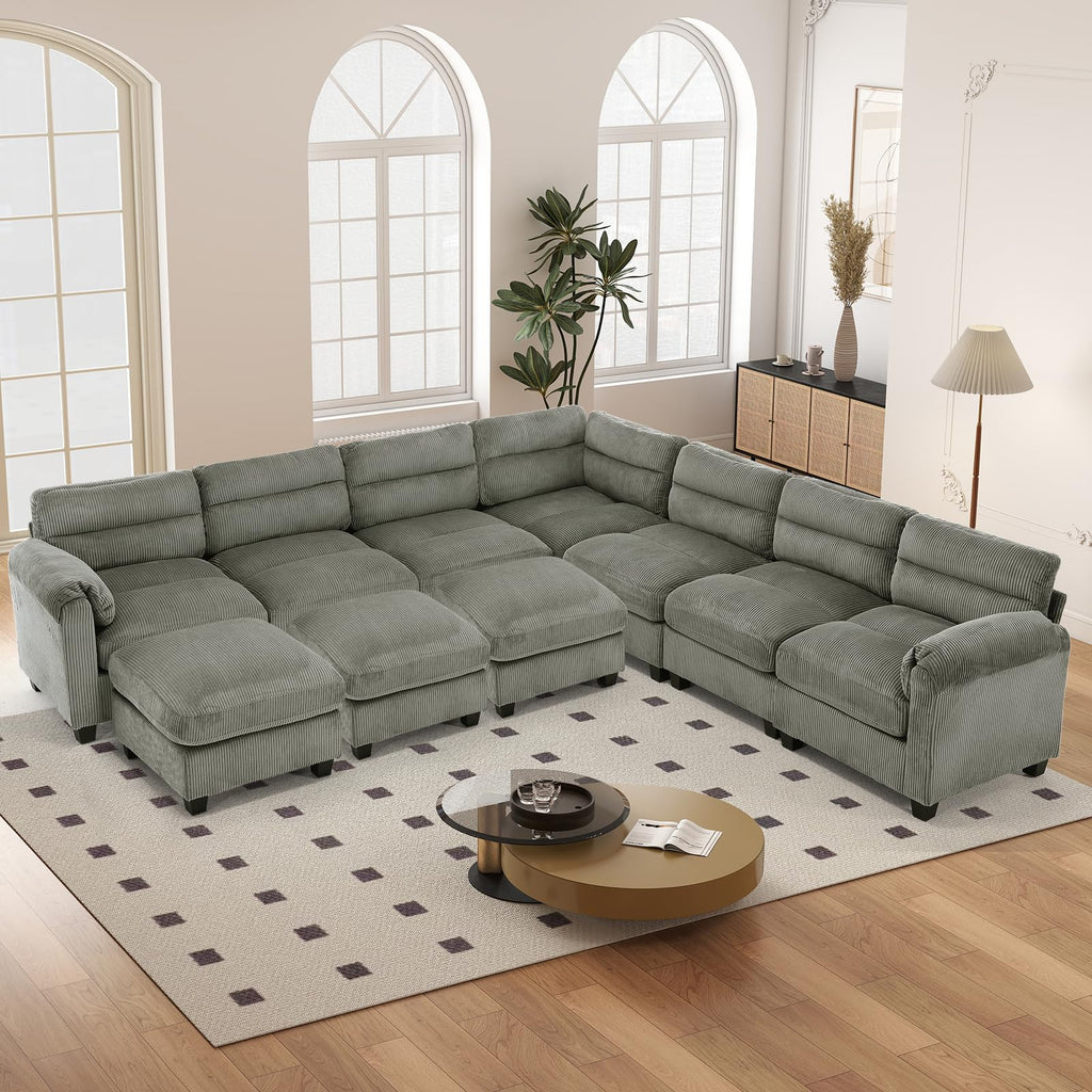 115" Modular Sectional Sofa Couch with 3 Movable Ottoman, Oversized Corduroy L Shaped Couches with Rolled Arms