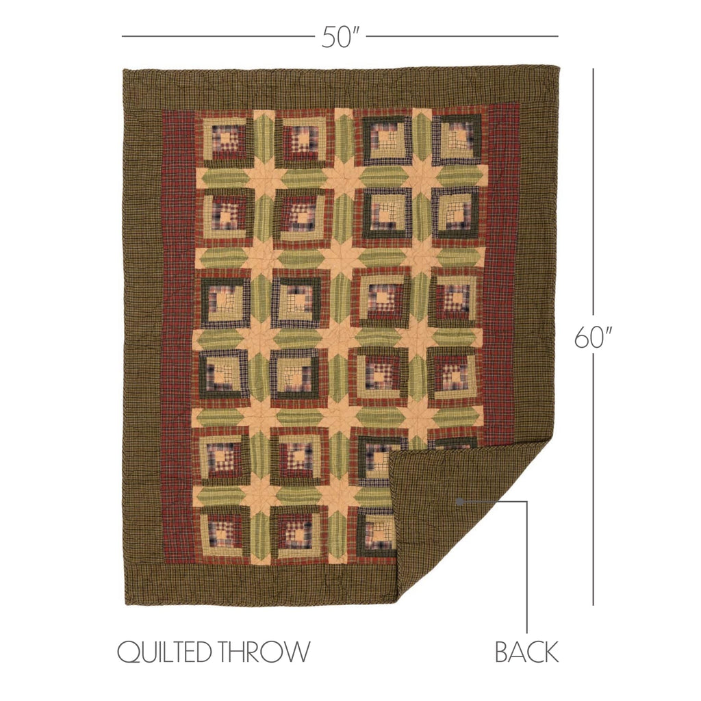 Tea Cabin Throw Quilted 60x50 Log Cabin Country Rustic Lodge Design, Moss Green and Deep Red
