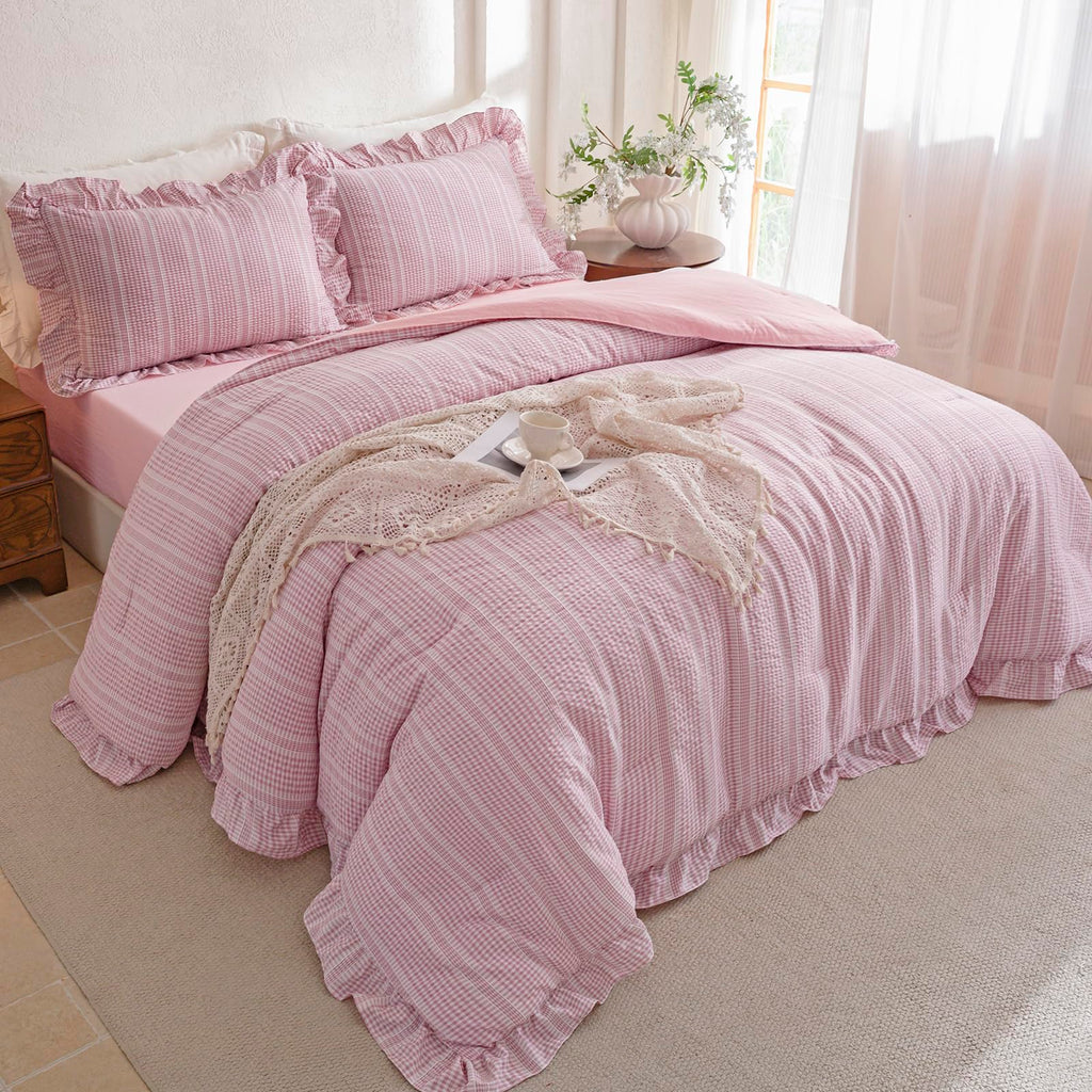 Gingham Comforter Set Pink Seersucker Ruffle Bedding Set