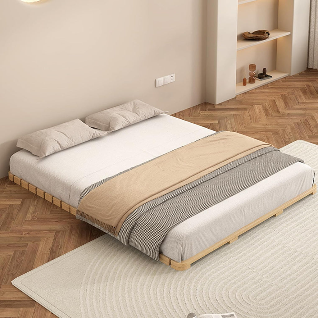 Solid Wood Slatted Bed Frame, Japanese Floor Platform, Natural Wood, 74.8" x 59", Foldable Roll-Up Design, No
