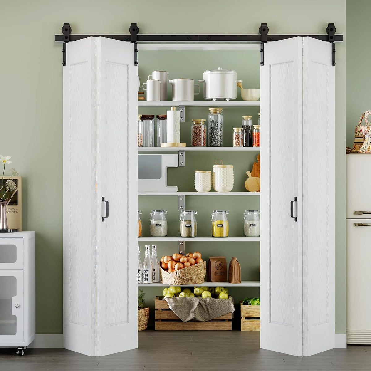 72" x 84" 1 Panel Bifold Barn Door, 80" Track Kit for 4 Closet Doors, Pre-Assembled Panel Bi-fold Barn Door for Pantry