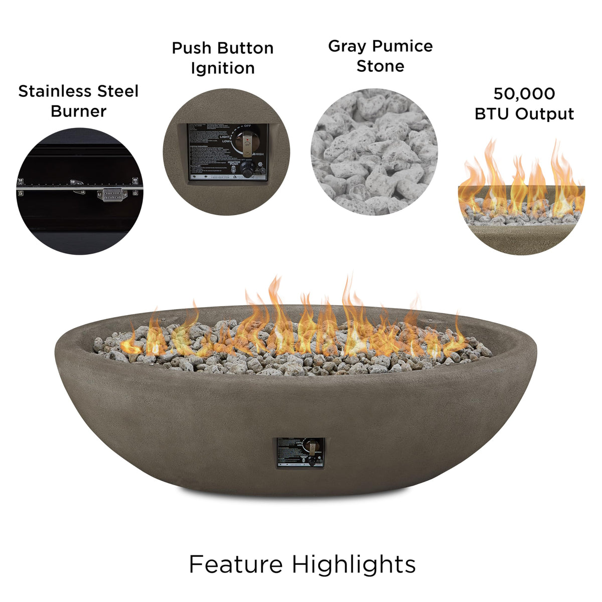 Riverside 58" Oval Propane Fire Pit Bowl, Push-Button Ignition, Includes 28" Stainless Steel Burner, Lightweight