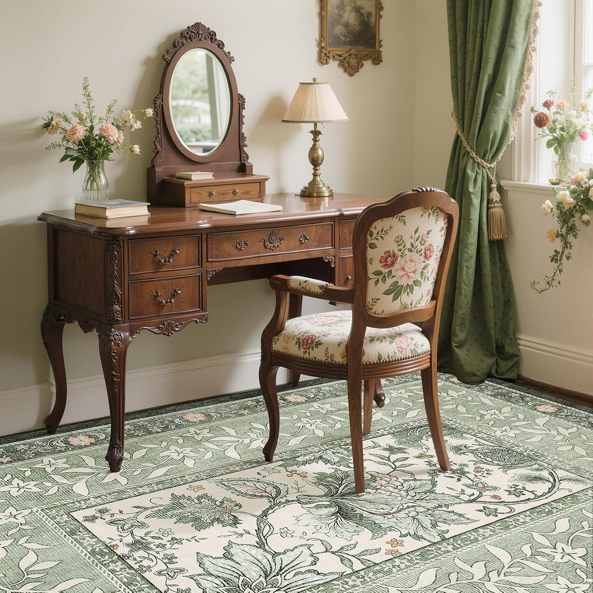 Provence Area Rugs, Botanical Grove Sage Green Vintage Cottagecore Non-Slip Washable Rug Bedroom Nursery Kitchen