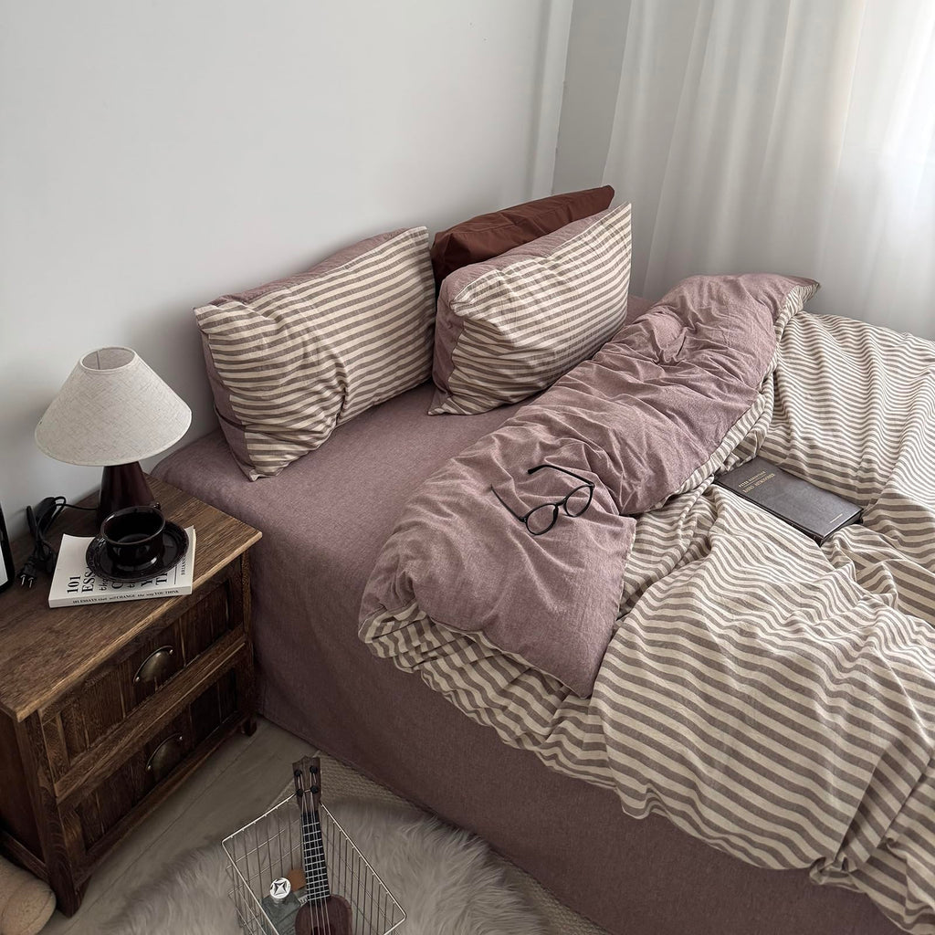 Coffee Striped King Duvet Cover Set Jacquard Linen Cotton Bedding