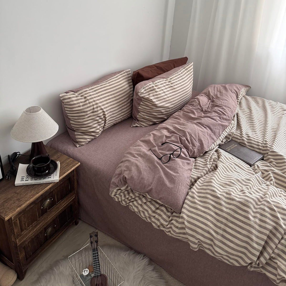 Coffee Striped King Duvet Cover Set Jacquard Linen Cotton Bedding