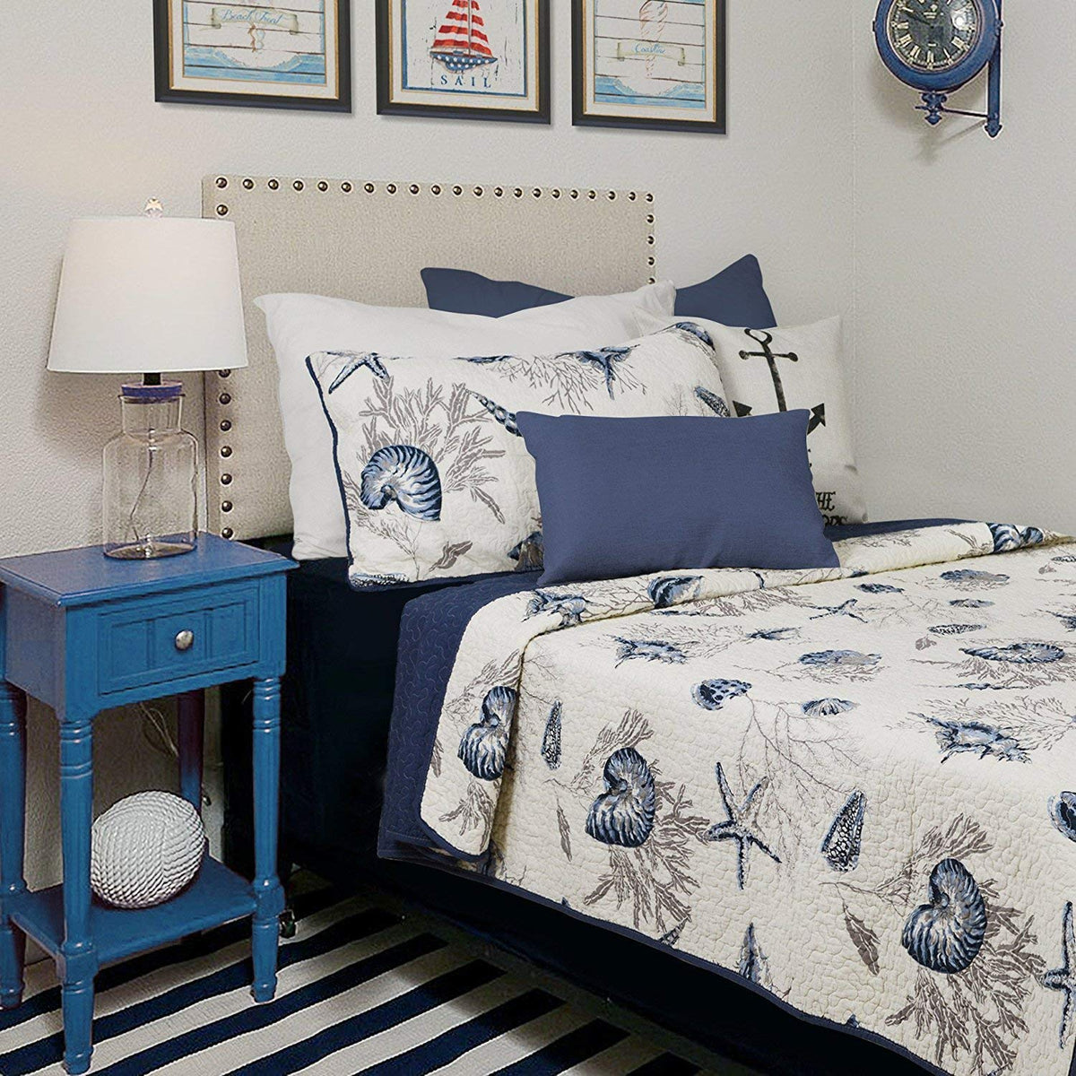 Ocean Comforter Sets 100% Cotton Lightweight Quilt Set Coverlet Sets Navy Coastal Bedding 2-Piece