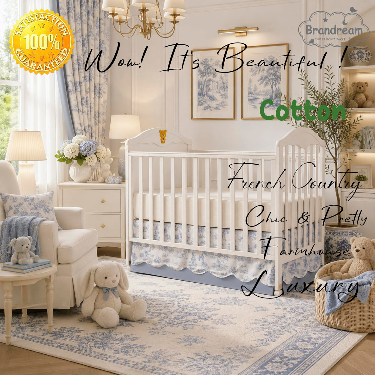 Scallop Edge Organic Cotton Crib Skirt, Baby Girl, Gender Neutral Crib Skirt Toddler Bedskirt French Country Toile