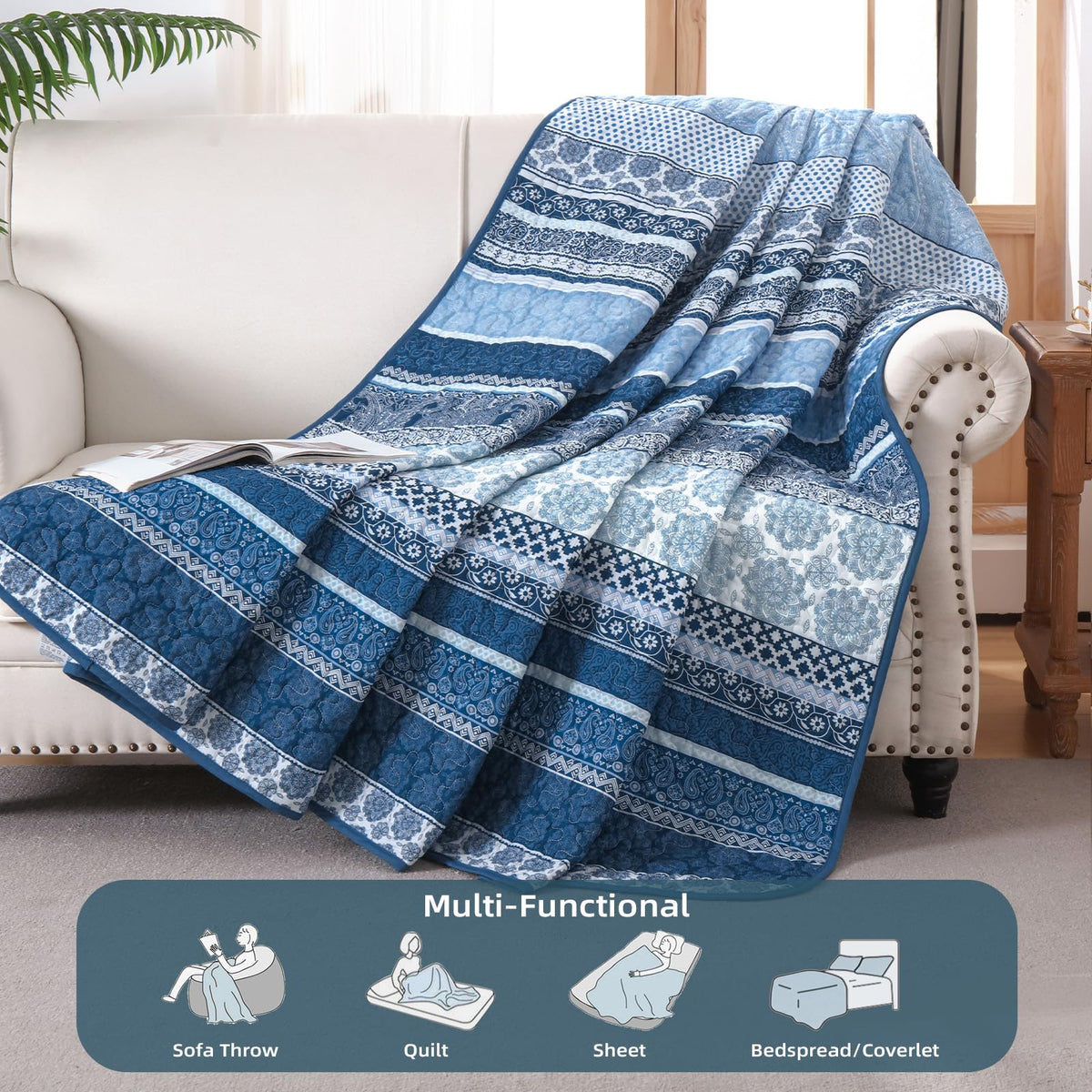 Boho Quilt Set, 3 Pcs Navy Blue Bedspread Covrtlet Set
