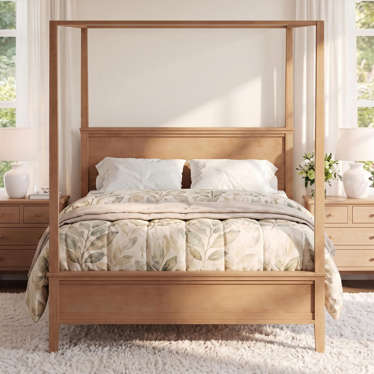 Canopy Bed Frame with Headboard, Wooden 4-Poster Bed