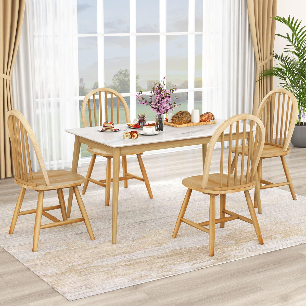 18" Oak Dining Chairs Set of 2, Wood Windsor Chair with Spindle Back for Country Farmhouse Kitchen Island