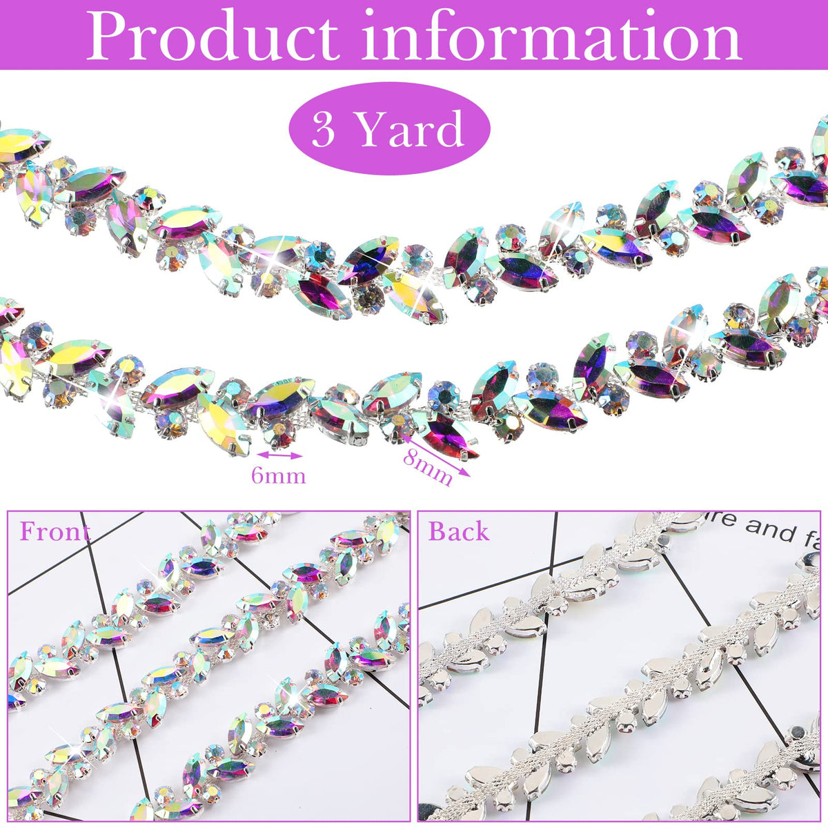 Crystal Rhinestone Chain Trim Leaf Flower Sewing, 3 Yards, AB