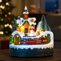 Animated Musical Christmas Village Figurines - Church Building and Snowman Statues with Rotating Train, LED Lights