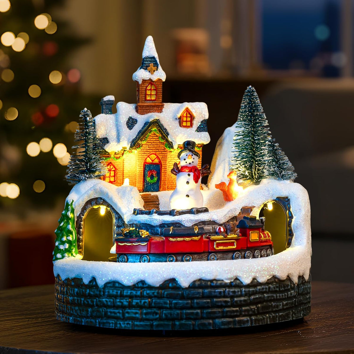 Animated Musical Christmas Village Figurines - Church Building and Snowman Statues with Rotating Train, LED Lights