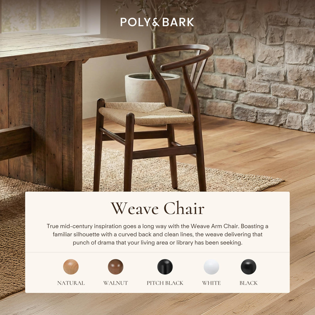 & BARK Weave Dining Chair - Mid-Century Modern Wishbone Dining Chair with Arms, Solid Wood Frame, Indoor Use - Walnut